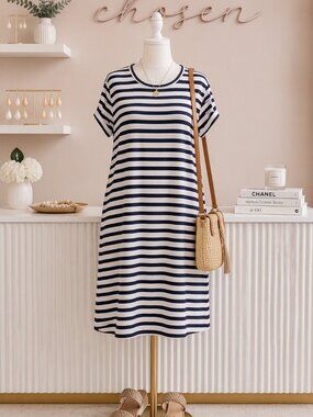 Women’s St. Johns Bay Navy White Striped T-Shirt Dress Casual Coastal Midi Dress